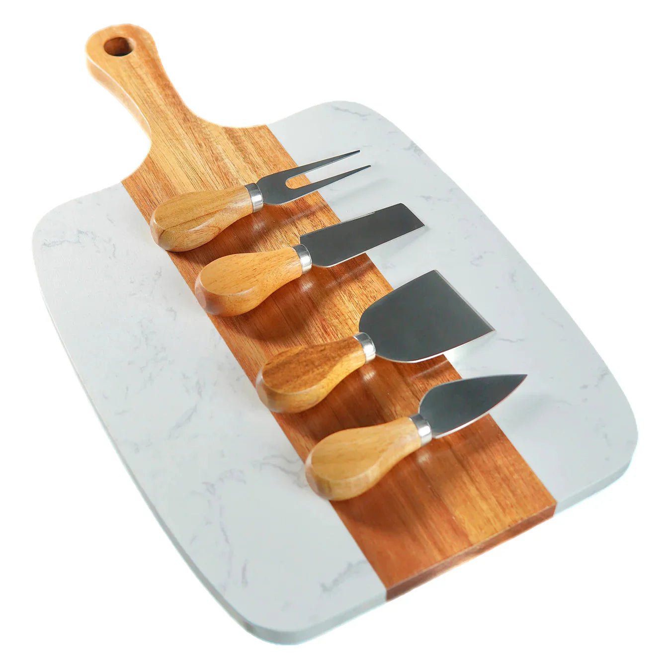 Personalized Marble and Acacia Serving Board with Utensils